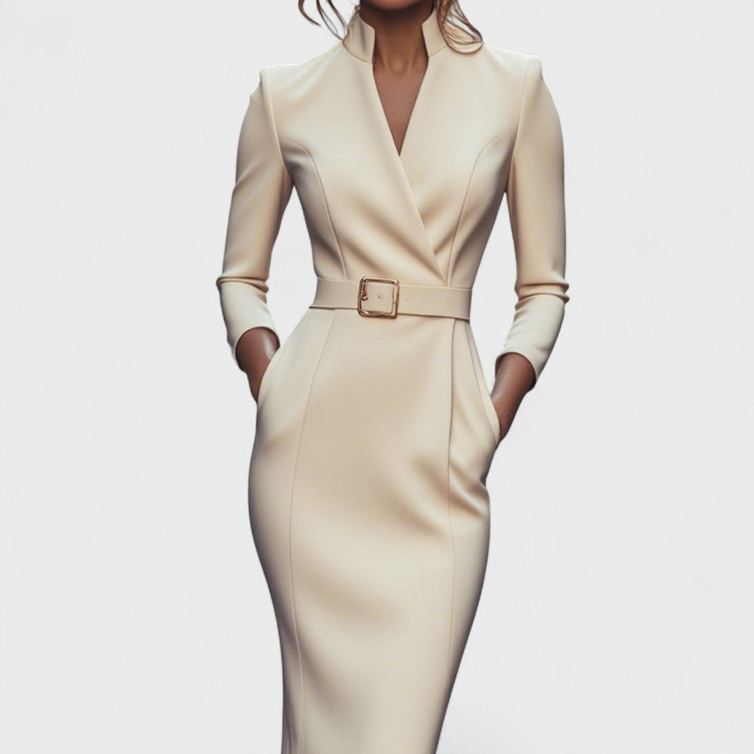 Mandarin - Elegant Black Dress with Belt and Mandarin Collar