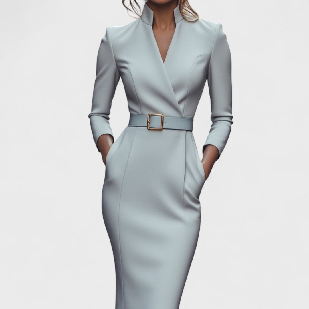 Mandarin - Elegant Black Dress with Belt and Mandarin Collar