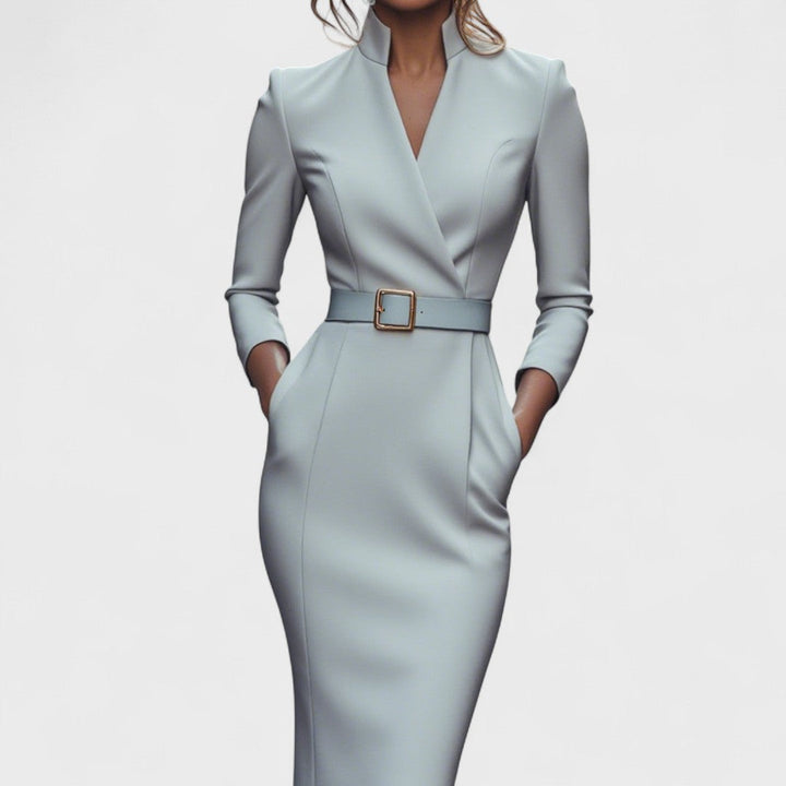 Mandarin - Elegant Black Dress with Belt and Mandarin Collar