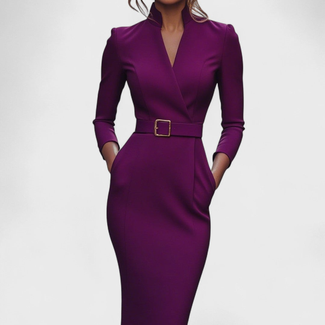Mandarin - Elegant Black Dress with Belt and Mandarin Collar
