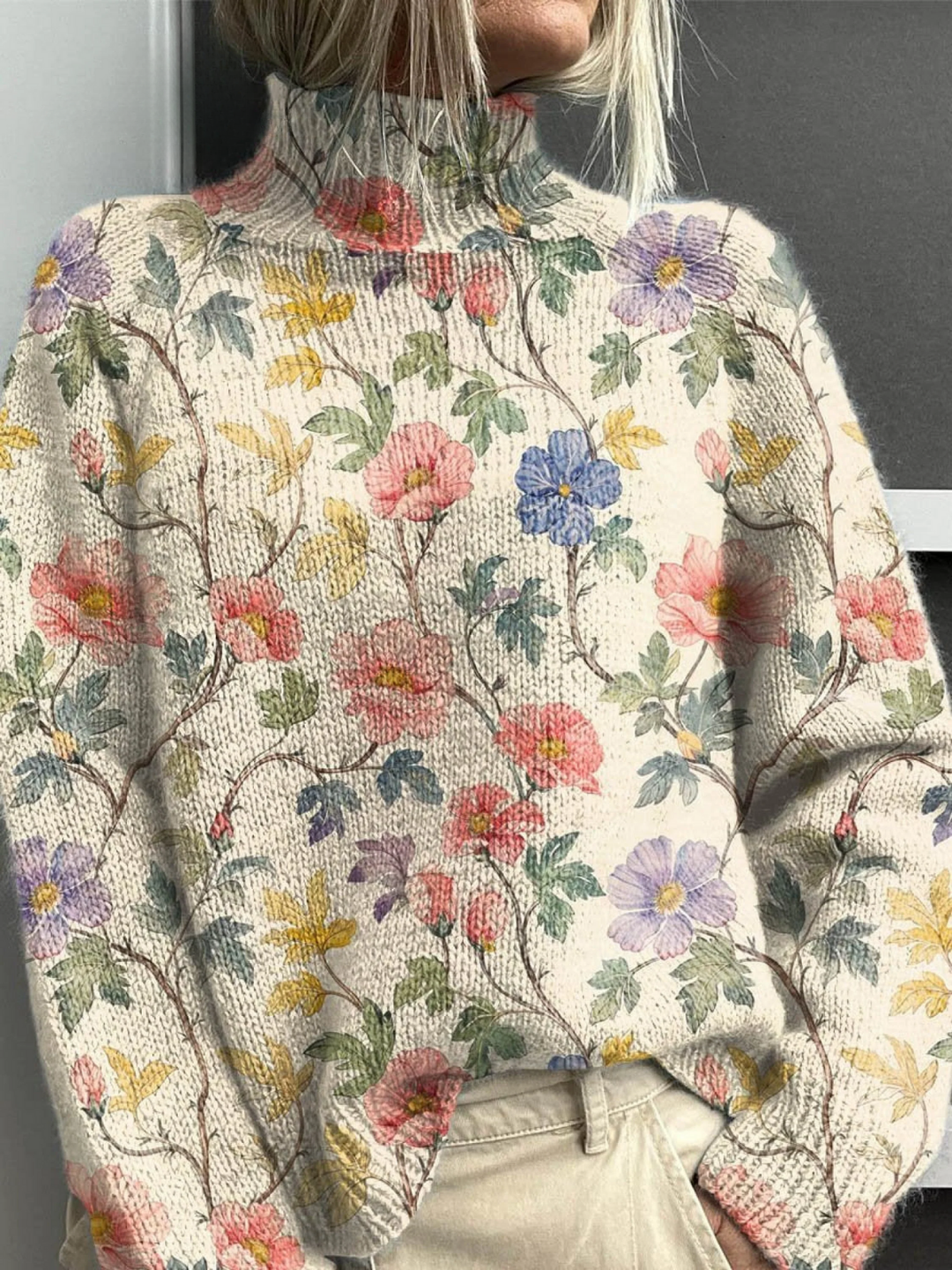 Turtleneck Sweater with Floral Print