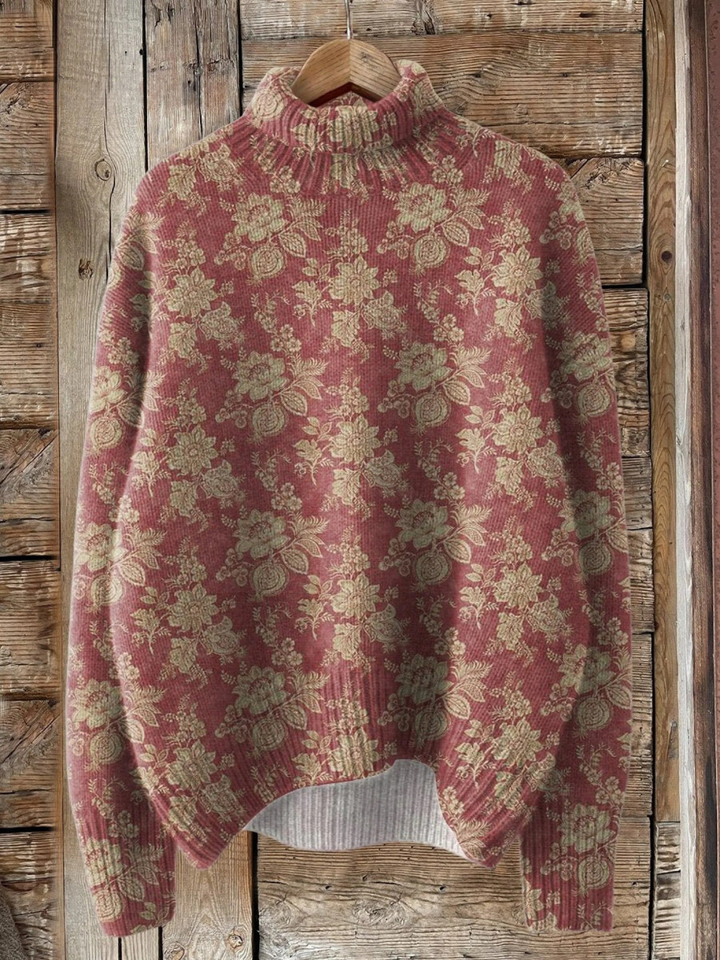 Vintage-Style Turtleneck Sweater with Floral Pattern