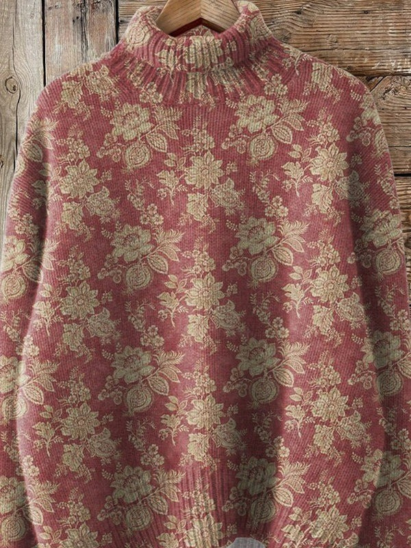 Vintage-Style Turtleneck Sweater with Floral Pattern