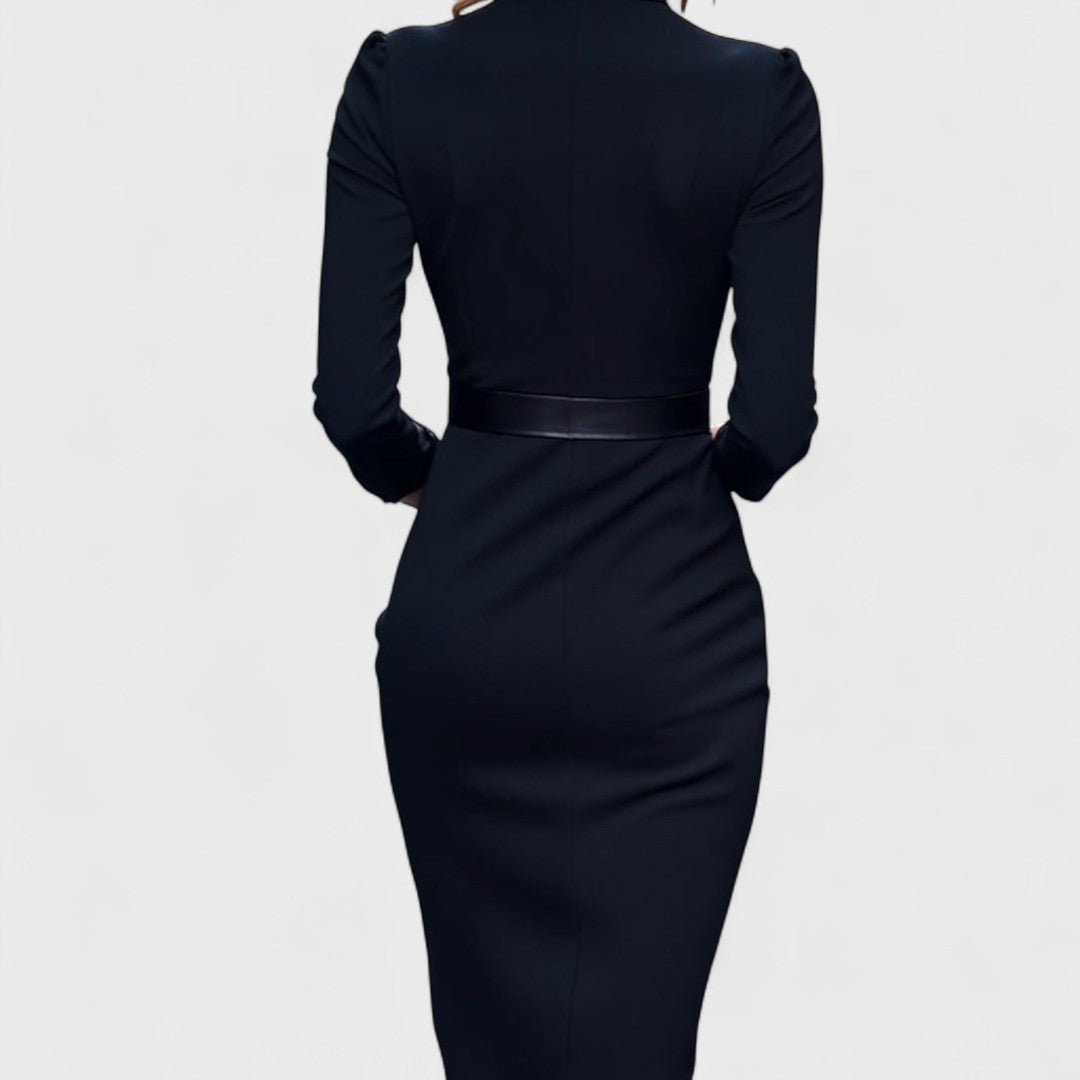 Mandarin - Elegant Black Dress with Belt and Mandarin Collar