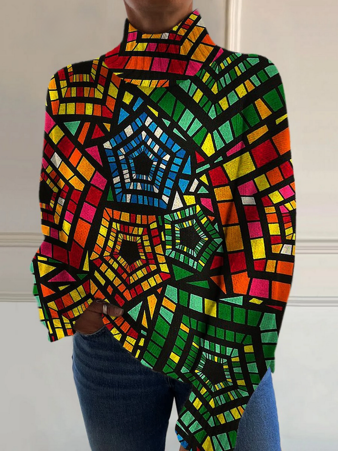 Retro Turtleneck Sweater with Colorful Geometric Print