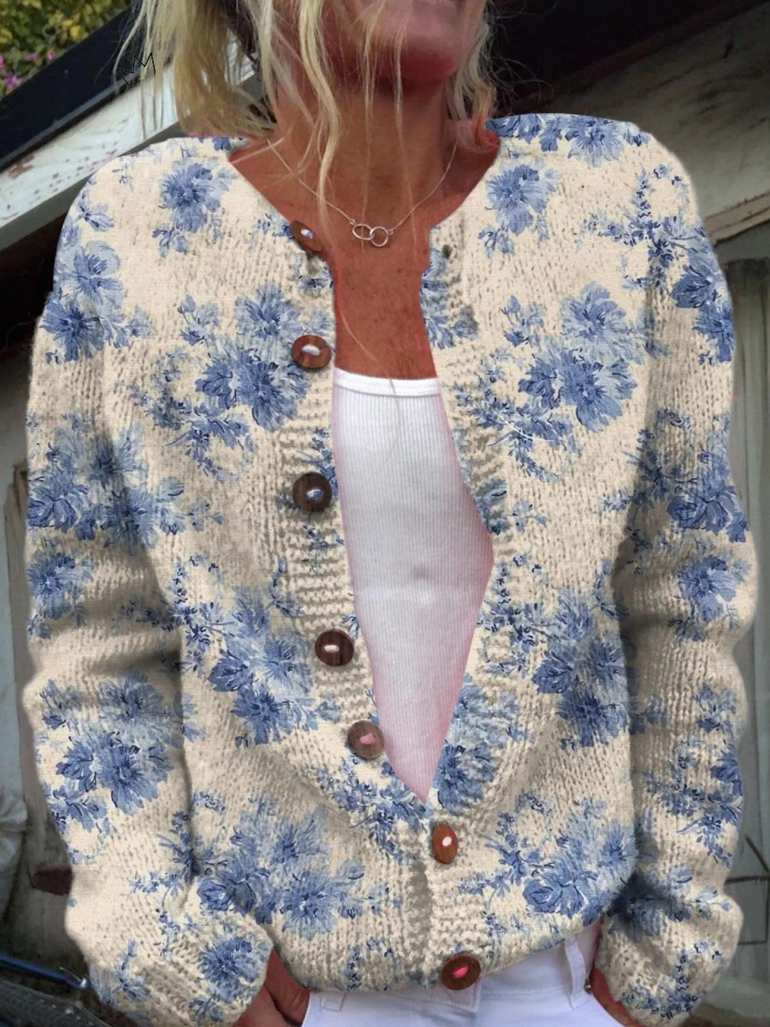 Women's Lovely Floral Art Print Buttoned Cardigan Sweater