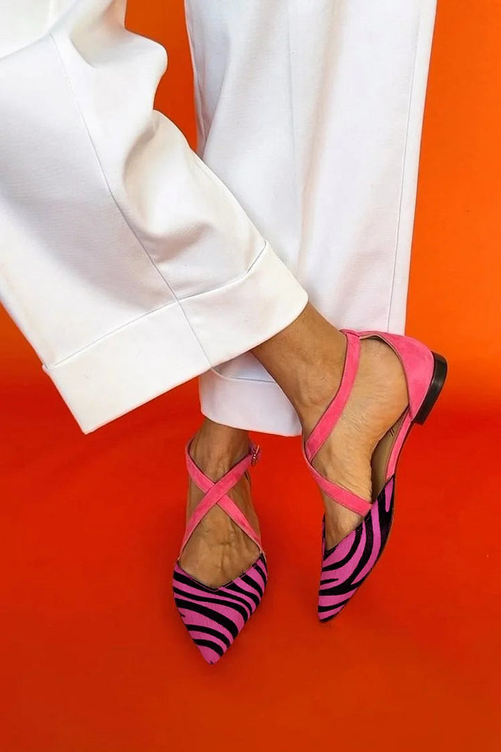 Alana | Zebra-Pattern Cross-Strap Flat Shoes