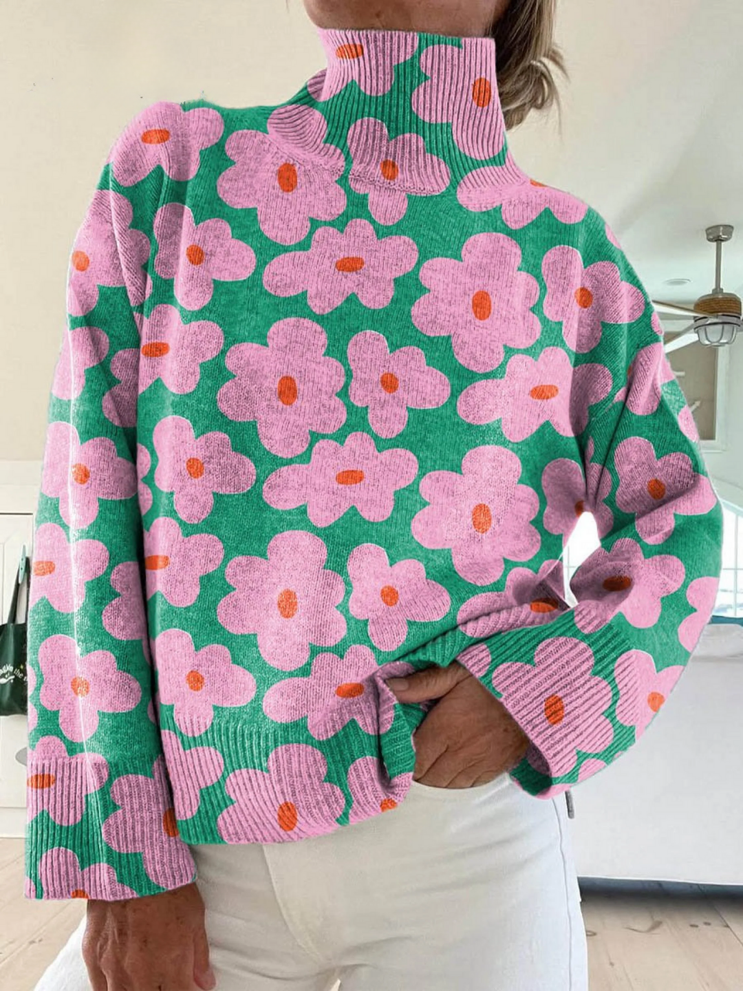 Striped Turtleneck Sweater with Floral Art Pattern