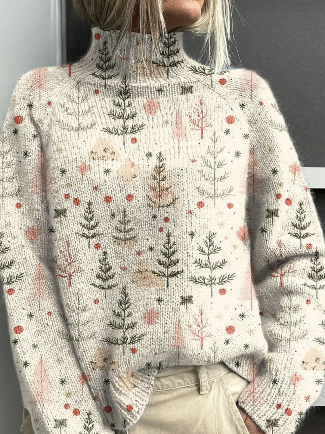 Turtleneck Sweater with Christmas Tree Print