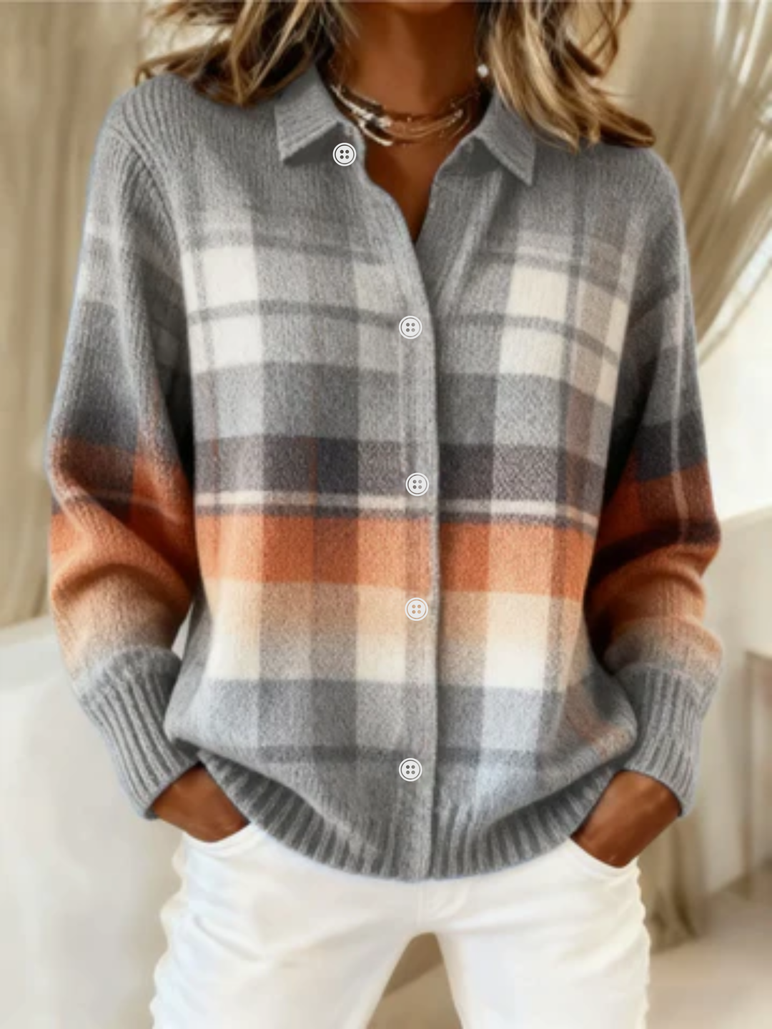 Elena™ – Soft Toned Checked Hoodie Blouse