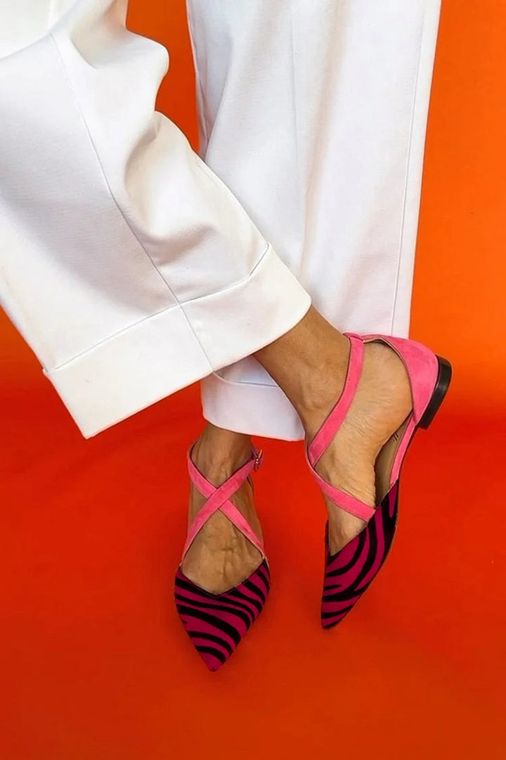Alana | Zebra-Pattern Cross-Strap Flat Shoes