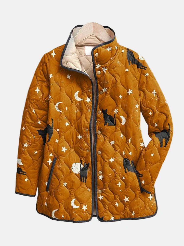 Eira | Quilted Jacket with Casual Black Cat Halloween Print