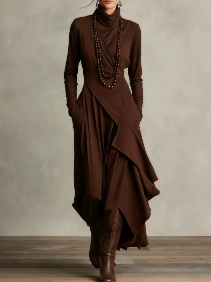 Petronia | Asymmetrical Maxi Knit Dress with Roll Neck