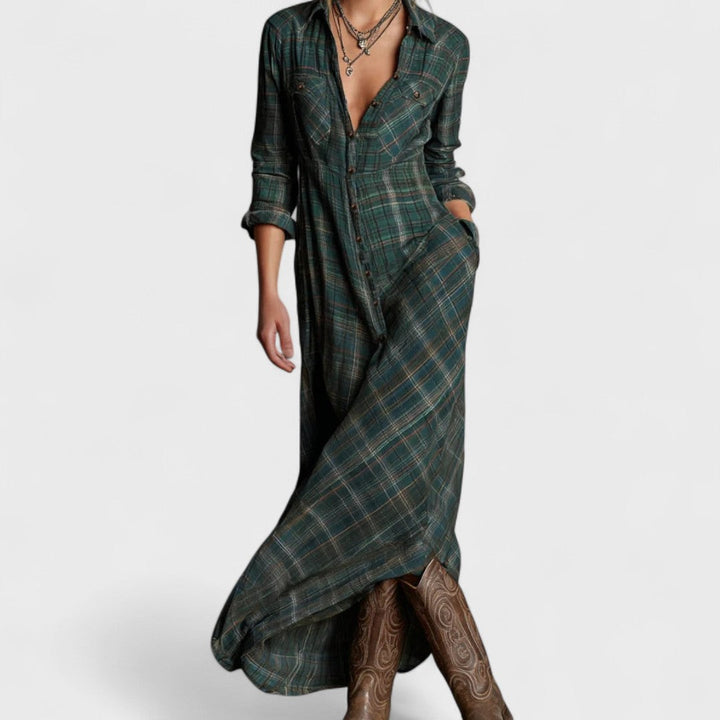 Lange - Long dress with green checkered lapels