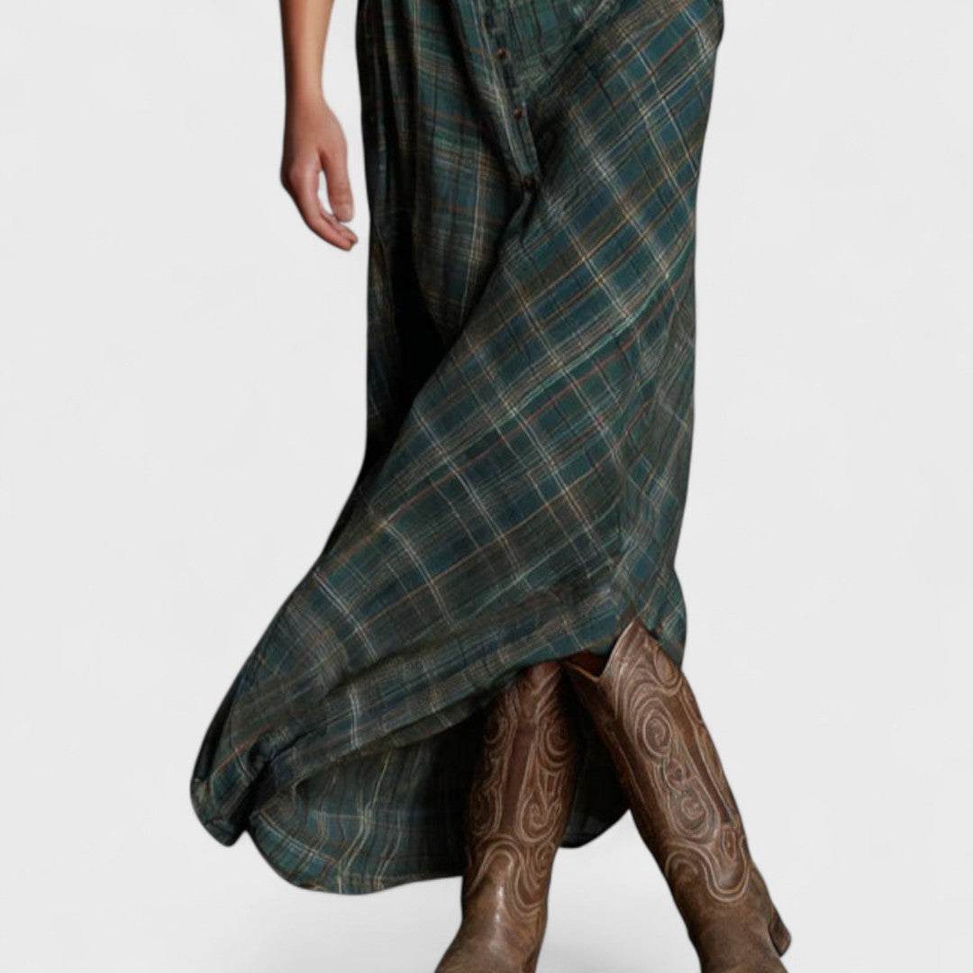 Lange - Long dress with green checkered lapels