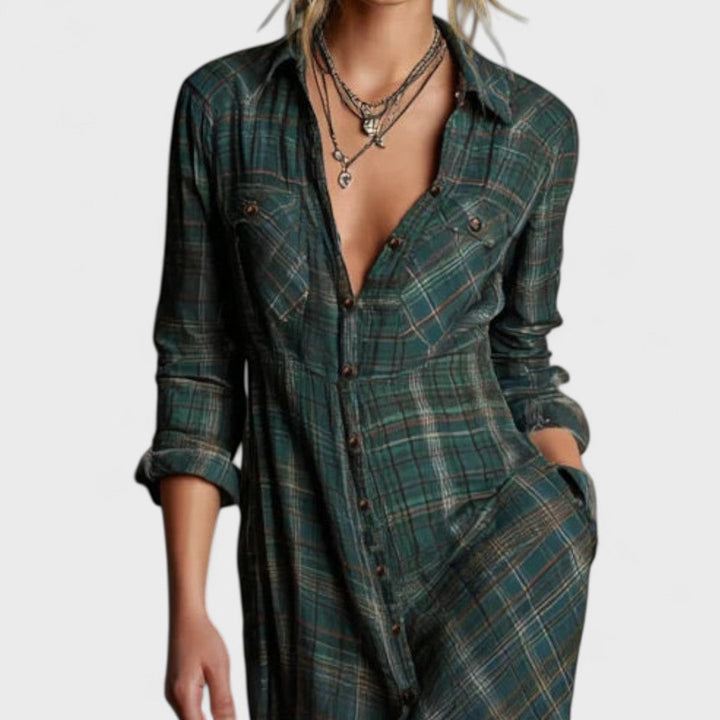 Lange - Long dress with green checkered lapels