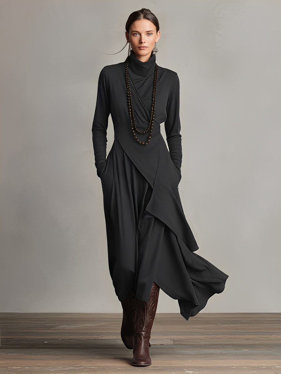 Petronia | Asymmetrical Maxi Knit Dress with Roll Neck
